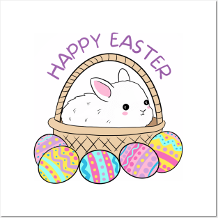 Happy Easter Day Cute Easter bunny in a basket with Easter eggs Posters and Art